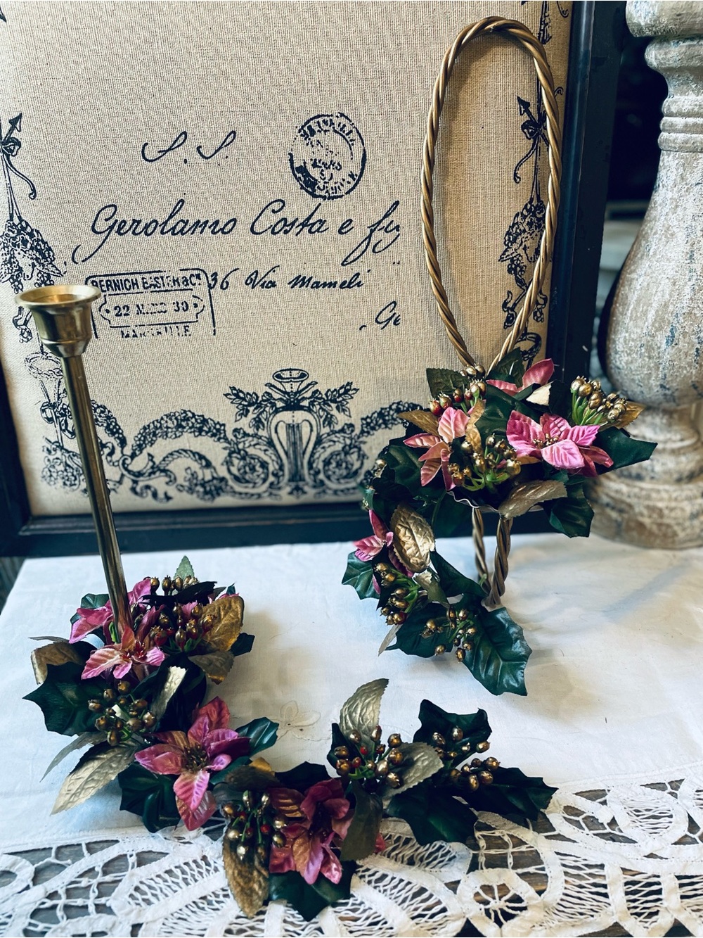 Pink poinsettia & green faux floral candle rings